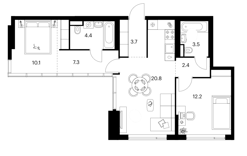 Планировка: 2-комнатная квартира 64,4 м² в ЖК «Бунинская набережная»