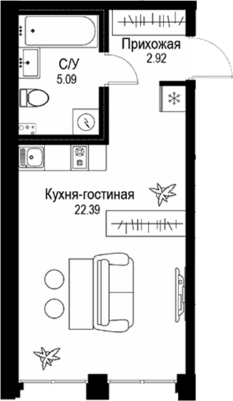 Планировка: Студия 30,4 м² в ЖК «ID Petrogradskaya»