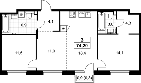 Планировка: Евротрёшка 73,9 м² в ЖК «Хольм»
