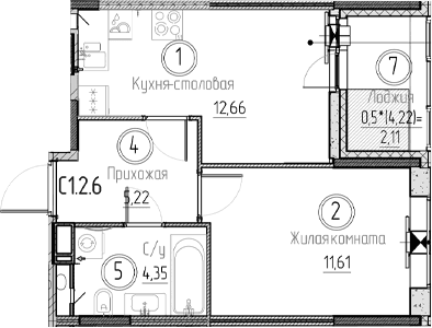Планировка: 1-комнатная квартира 33,8 м² в ЖК «Аквилон Верба»