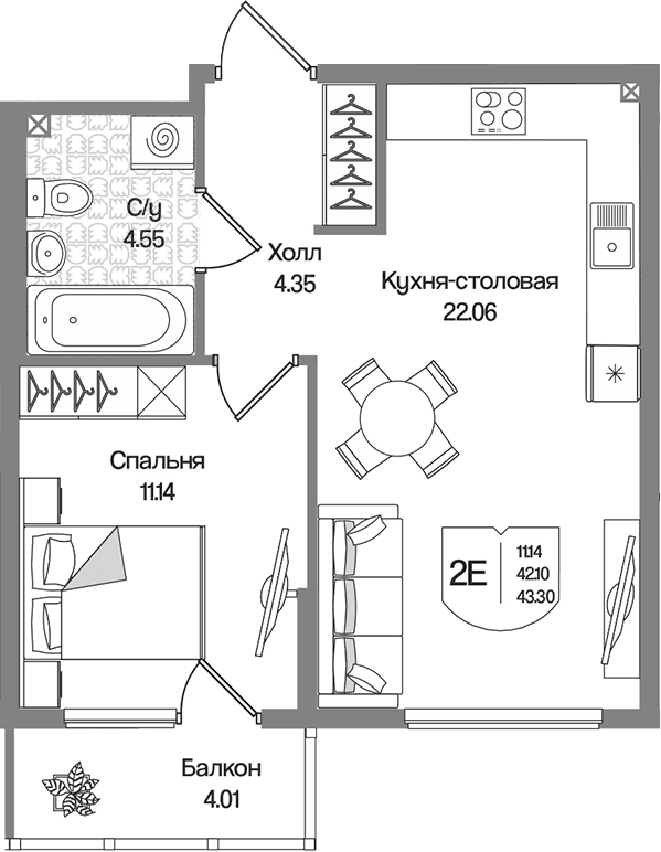 Планировка: Евродвушка 42,1 м² в ЖК «Охтинские высоты»