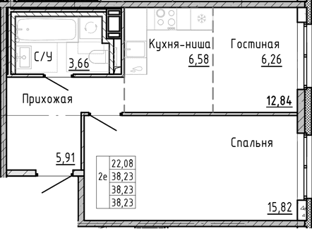 Планировка: 1-комнатная квартира 38,2 м² в ЖК «ОКЛА»