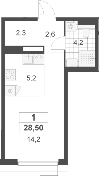 Планировка: Студия 28,5 м² в ЖК «Скандинавия»