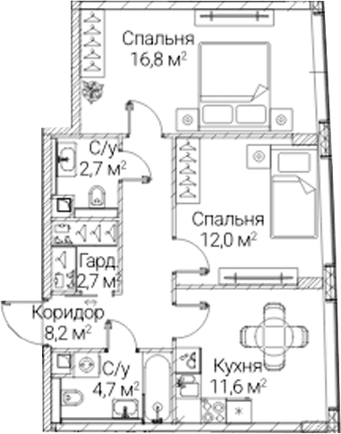 Планировка: 2-комнатная квартира 58,7 м² в ЖК «СЕЗАР БУДУЩЕЕ»