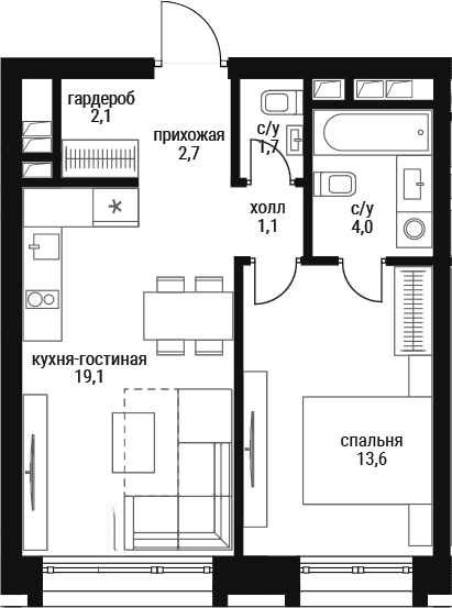 Планировка: Евродвушка 44,3 м² в ЖК «Шелепиха»