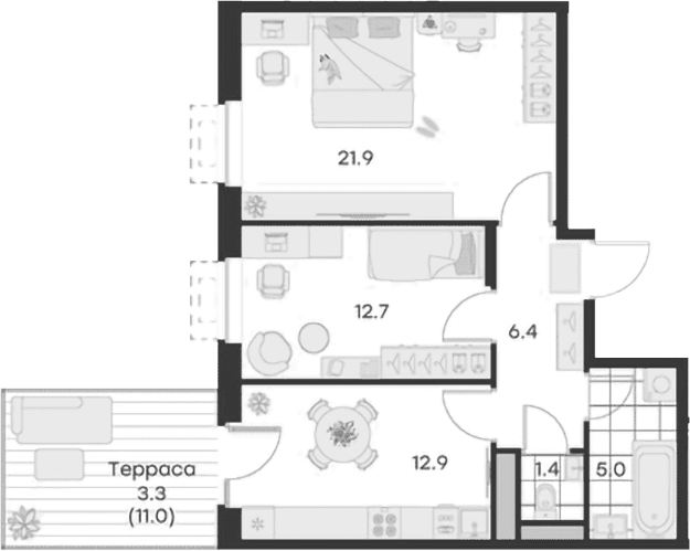 Планировка: 2-комнатная квартира 60,3 м² в ЖК «Михалевич»