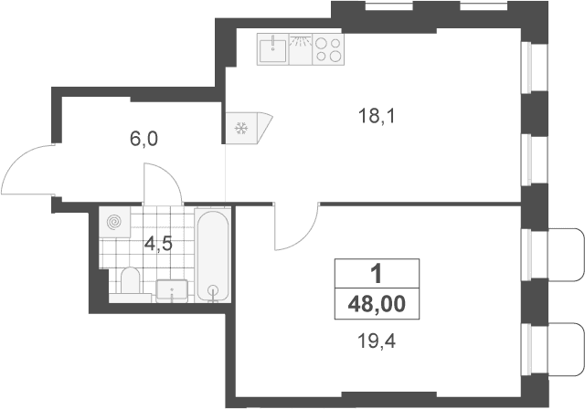 Планировка: Евродвушка 48 м² в ЖК «Деснаречье»