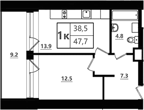 Планировка: 1-комнатная квартира 38,5 м² в ЖК «Морская Ривьера»