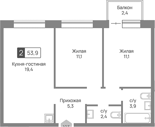 Планировка: Евротрёшка 53,2 м² в ЖК «Отрада 3»