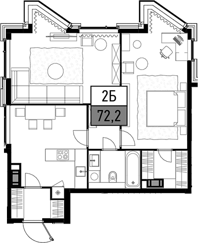 Планировка: 2-комнатная квартира 72,2 м² в ЖК Трилогия «Кристалл»
