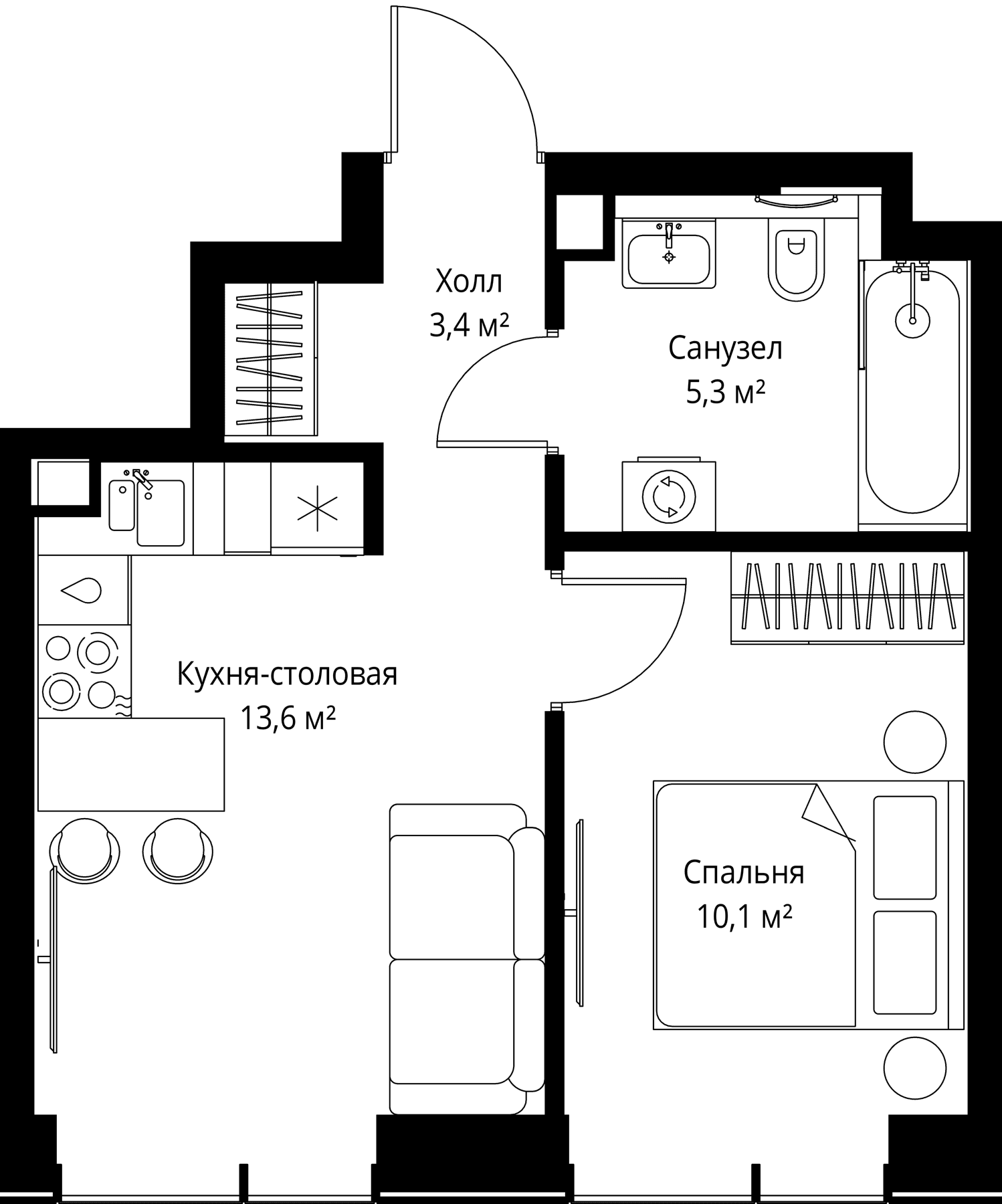 Планировка: Евродвушка 32,4 м² в ЖК «Веер»