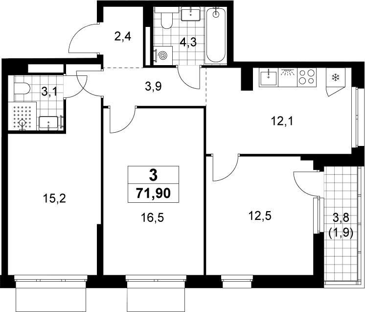 Планировка: 3-комнатная квартира 70 м² в ЖК «Деснаречье»