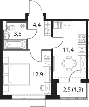 Планировка: 1-комнатная квартира 32,1 м² в ЖК «1-й Шереметьевский»