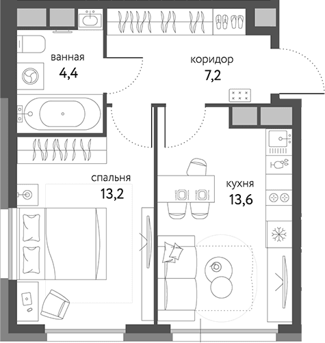 Планировка: 1-комнатная квартира 38,4 м² в ЖК «Сиреневый парк»