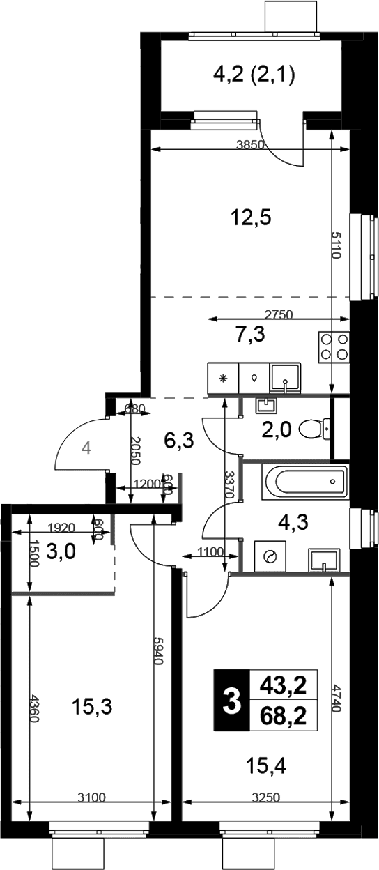 Планировка: Евротрёшка 66,1 м² в ЖК «1-й Химкинский»