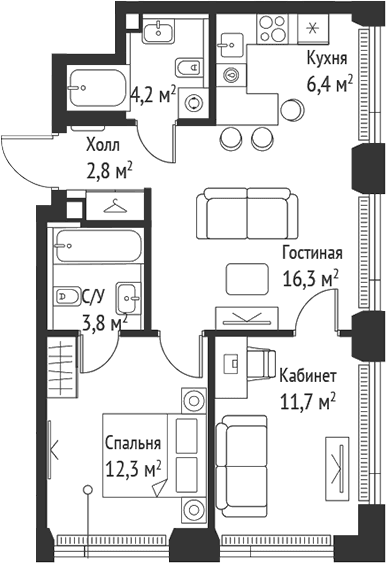 Планировка: Евротрёшка 57,6 м² в ЖК «СЕТ»