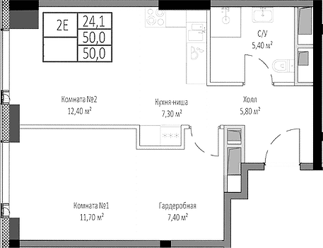 Планировка: Евродвушка 50 м² в ЖК «Мираполис»