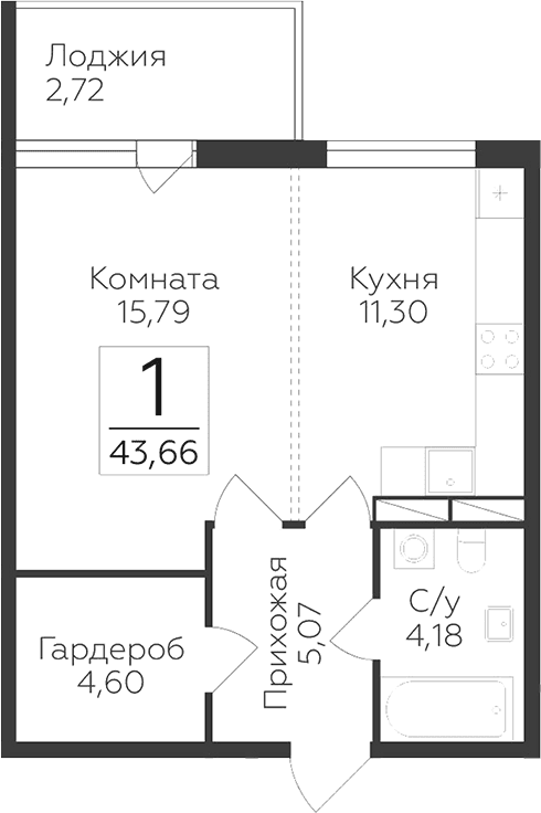 Планировка: 1-комнатная квартира 40,9 м² в ЖК «Финский квартал»