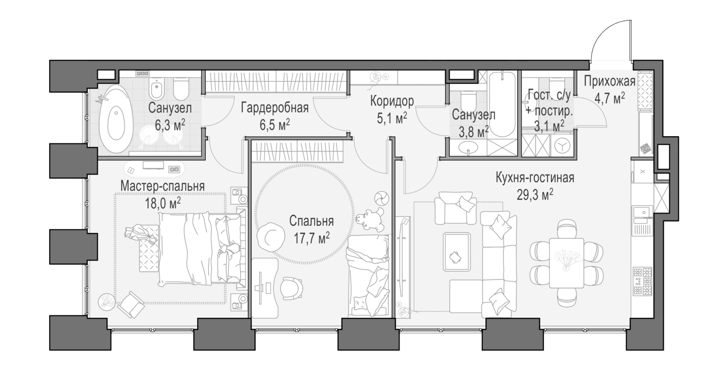Планировка: Евротрёшка 95,2 м² в ЖК «Квартал Life Time»