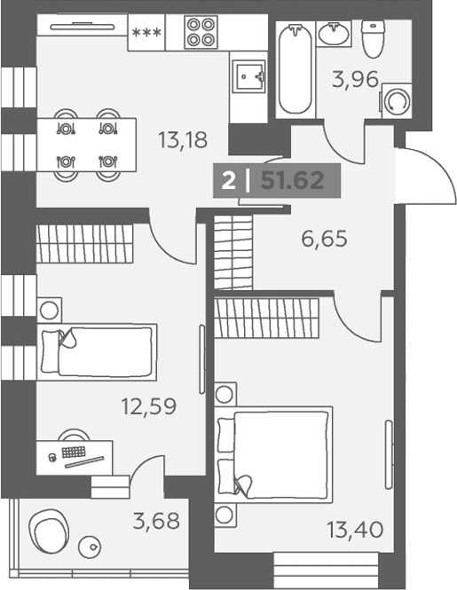 Планировка: 2-комнатная квартира 49,8 м² в ЖК «Аквилон Солар»