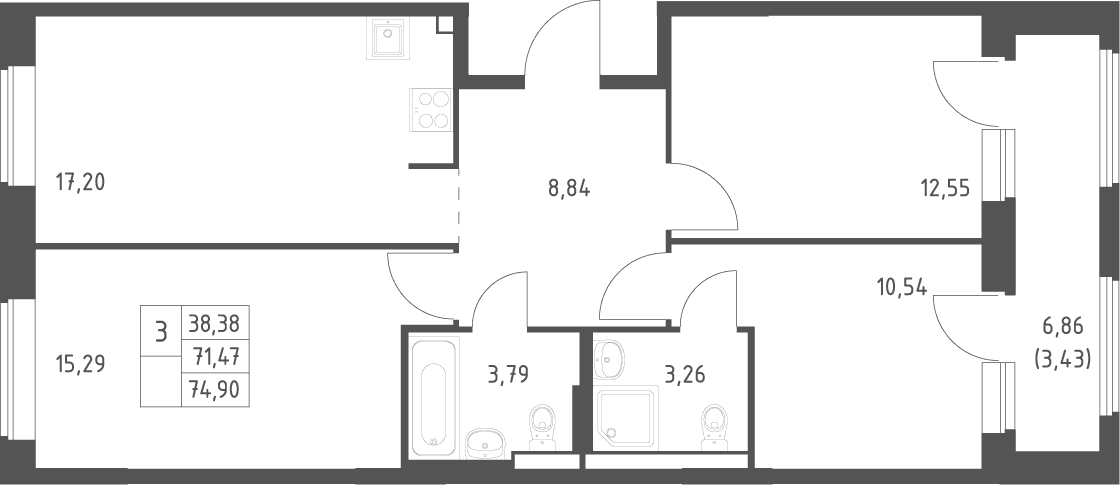 Планировка: Квартира евро-4 71,5 м² в ЖК «Большое Юрлово»