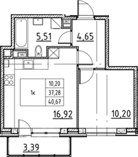 Планировка: Евродвушка 37,3 м² в ЖК «Соло.Петергоф»