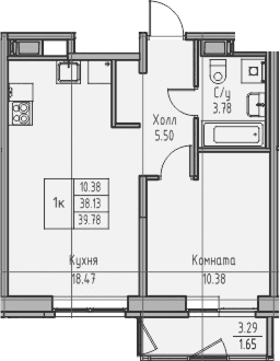 Планировка: Евродвушка 38,1 м² в ЖК «Юнтолово»