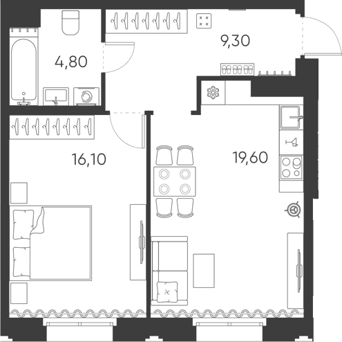 Планировка: Евродвушка 49,8 м² в ЖК «Моисеенко, 10»