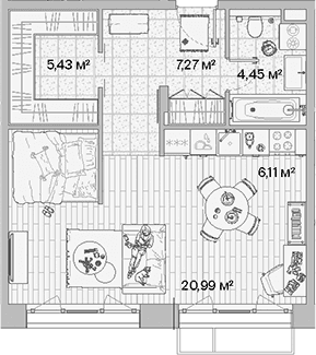 Планировка: Студия 44,3 м² в ЖК «МЫС»