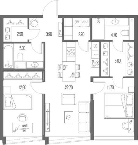 Планировка: 2-комнатная квартира 72,2 м² в ЖК «Северный Порт»