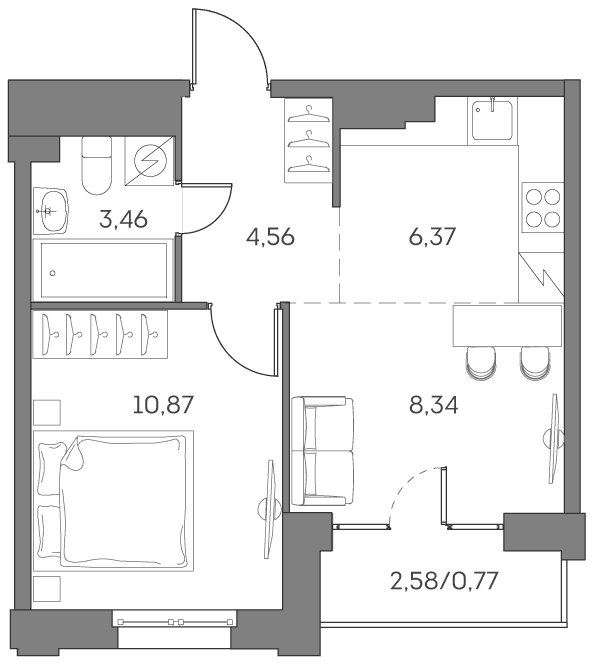 Планировка: Евродвушка 33,6 м² в ЖК «Аквилон БИСАЙД 2.0»