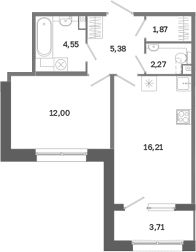 Планировка: Евродвушка 42,3 м² в ЖК «Дом на Курской»