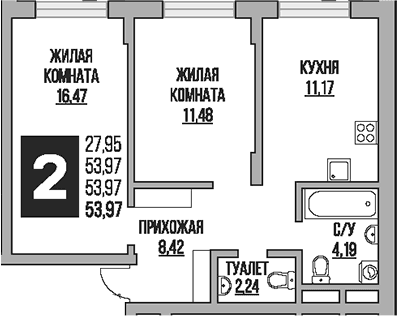 Планировка: 2-комнатная квартира 54 м² в ЖК «Гранель Живописный»