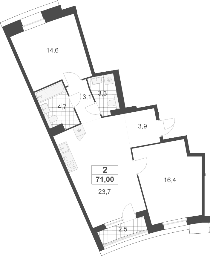 Планировка: Евротрёшка 69,8 м² в ЖК «Деснаречье»