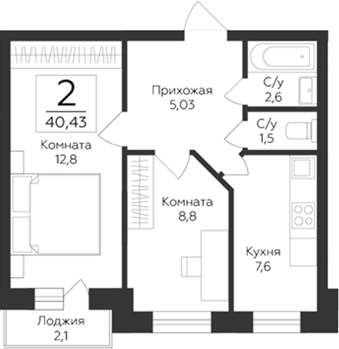 Планировка: 2-комнатная квартира 38,3 м² в ЖК «Гардарика Клаб»