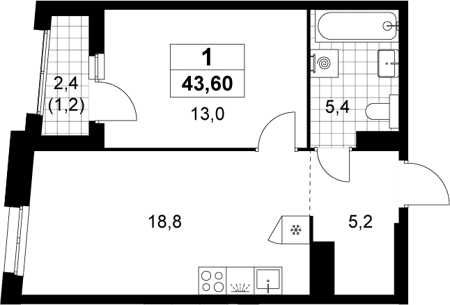Планировка: Евродвушка 42,4 м² в ЖК «Прокшино»