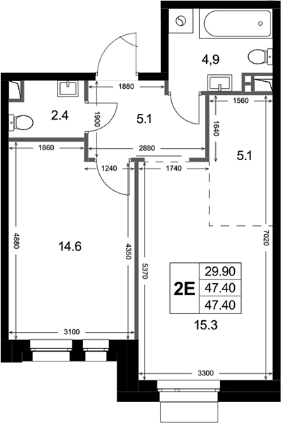 Планировка: Евродвушка 47,4 м² в ЖК «Кореневский Форт 2.3»