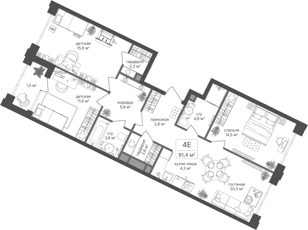 Планировка: Квартира евро-4 88,4 м² в ЖК «Михалковский»