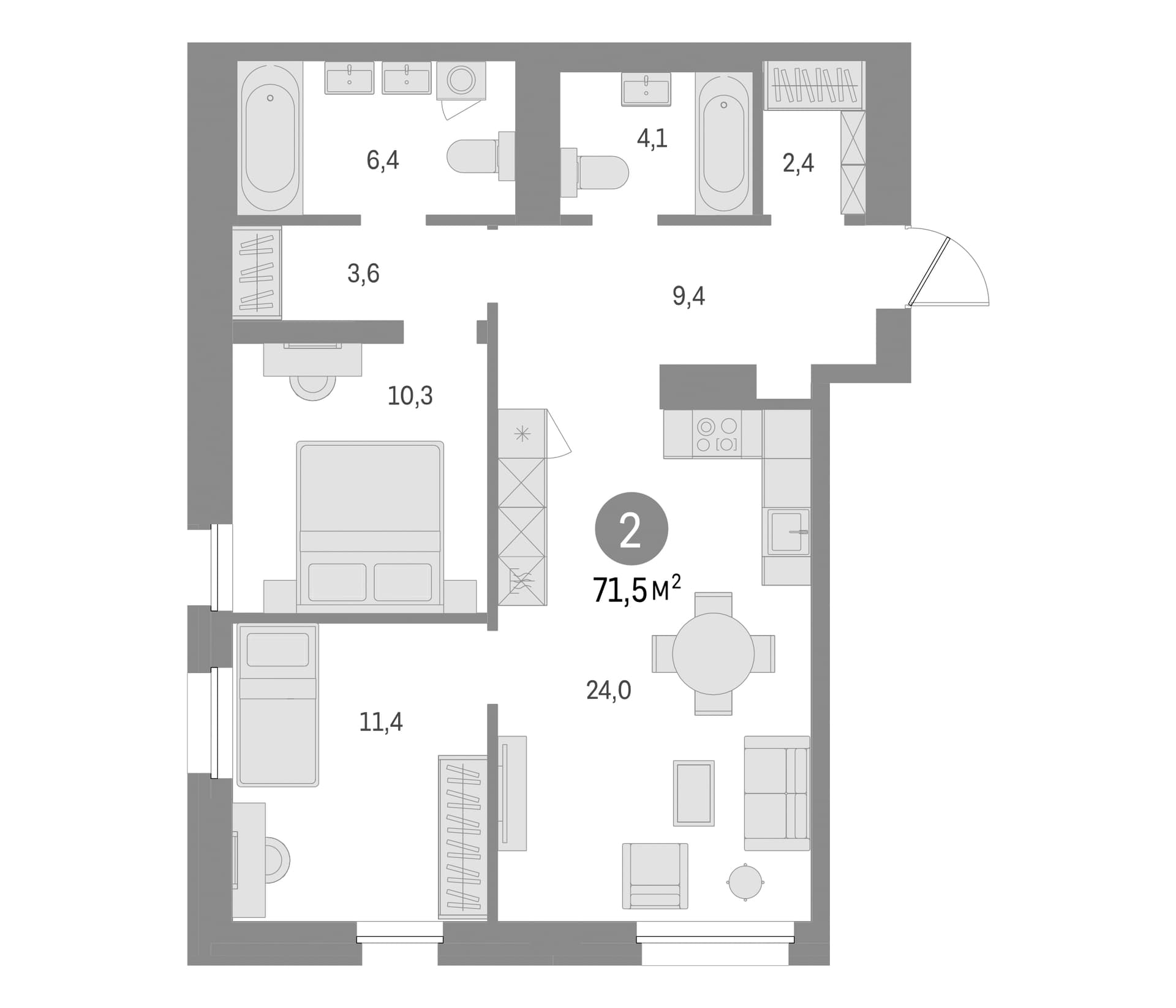 Планировка: 2-комнатная квартира 71,6 м² в ЖК «Северный ветер»
