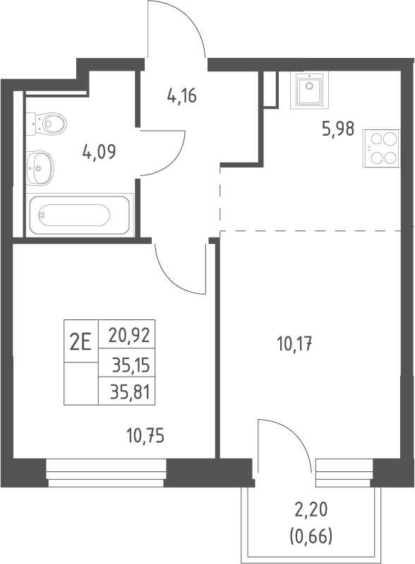 Планировка: Евродвушка 35,2 м² в ЖК «Квартал Ивакино»