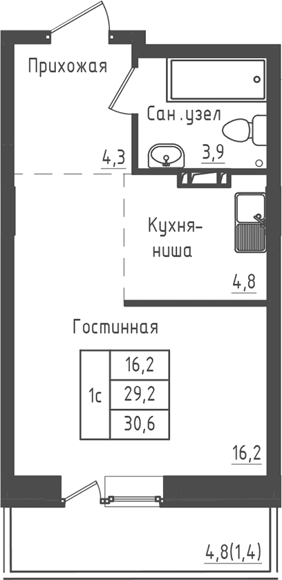 Планировка: Студия 29,2 м² в ЖК «Зеленый город»