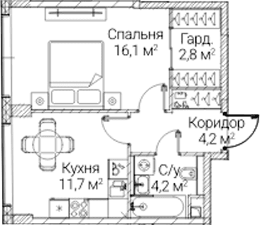 Планировка: 1-комнатная квартира 39 м² в ЖК «СЕЗАР БУДУЩЕЕ»