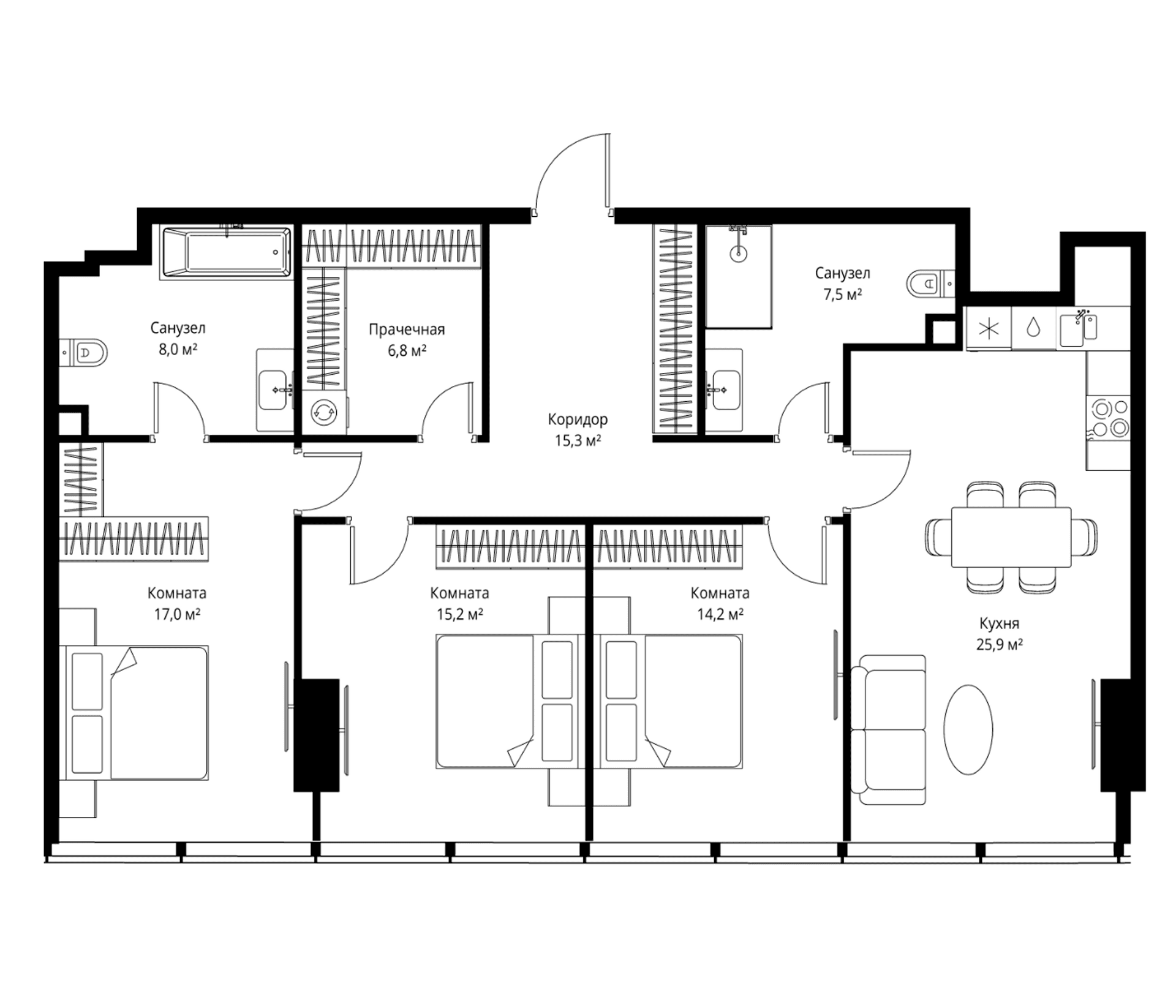Планировка: Квартира евро-4 109,9 м² в ЖК «ОНЕ»