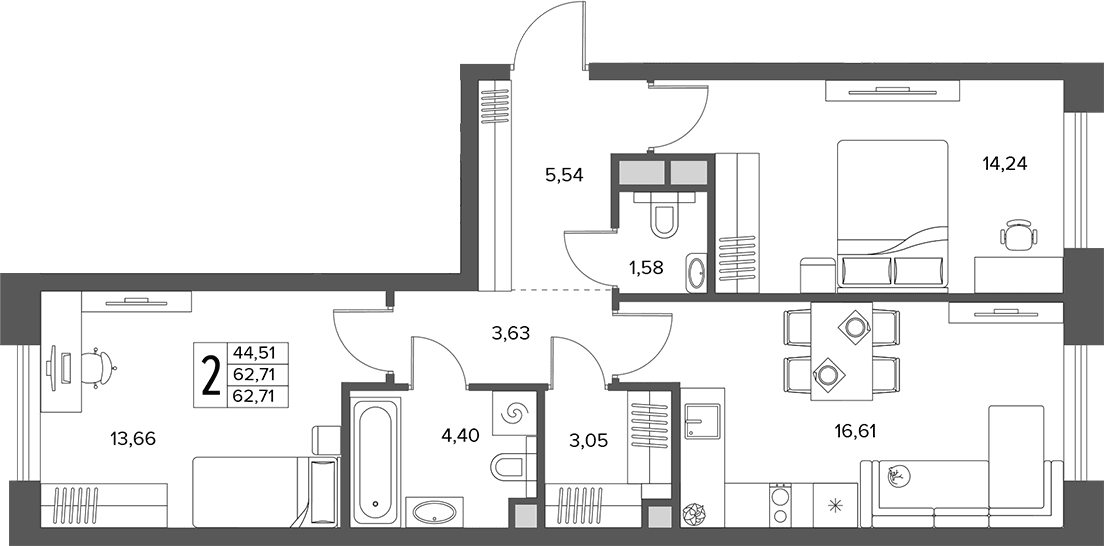 Планировка: Евротрёшка 62,7 м² в ЖК «Городской бор»
