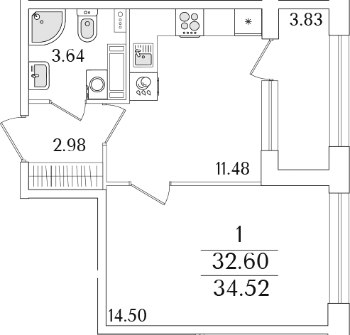 Планировка: 1-комнатная квартира 32,6 м² в ЖК «Аурум»