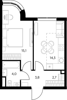 Планировка: 1-комнатная квартира 40,9 м² в ЖК «Адмирал»