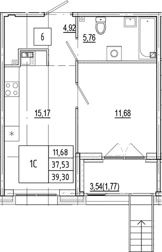 Планировка: Евродвушка 37,5 м² в ЖК «Ranta Residence»
