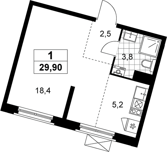 Планировка: Студия 29,9 м² в ЖК «Прокшино»