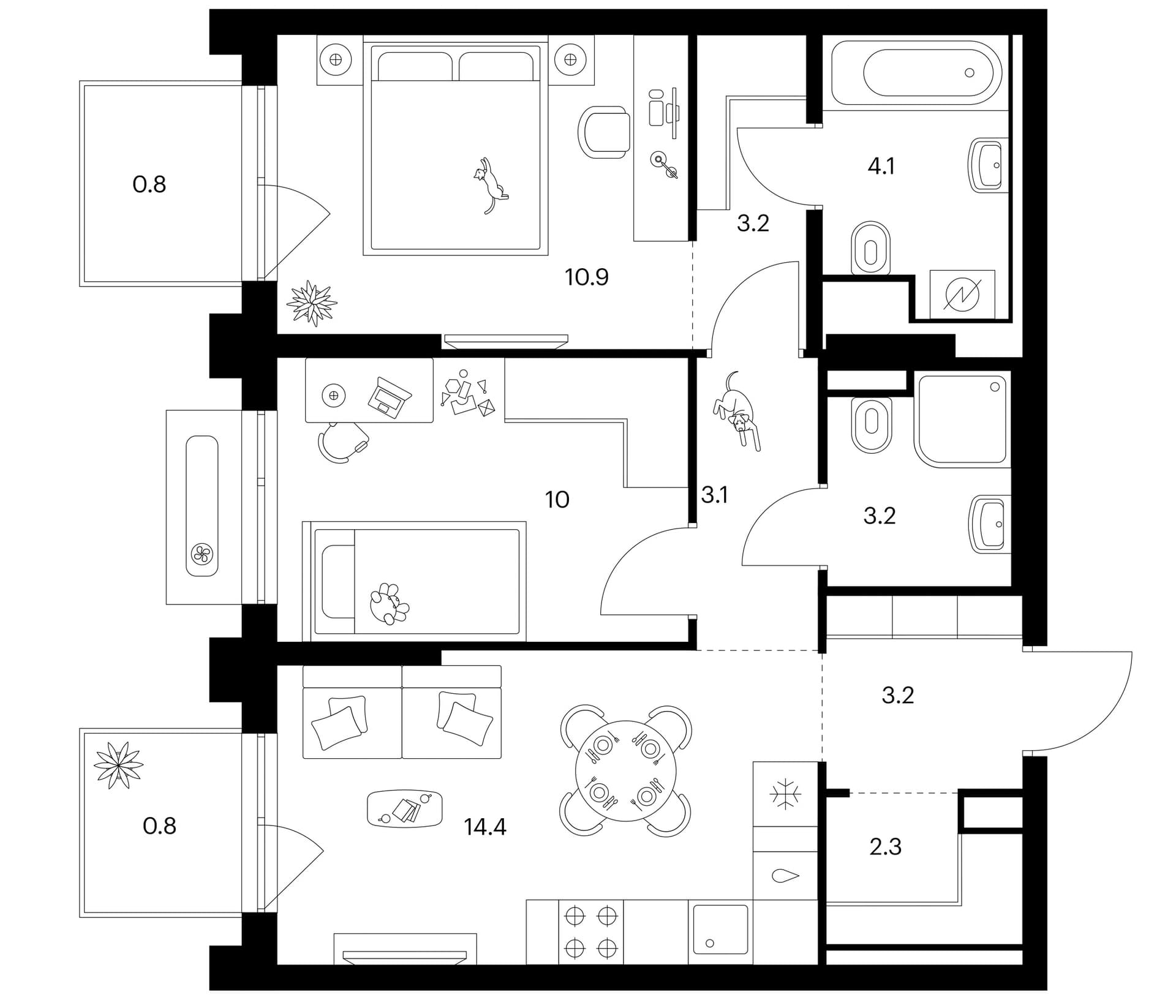 Планировка: 2-комнатная квартира 54,4 м² в ЖК «Зеленый парк»