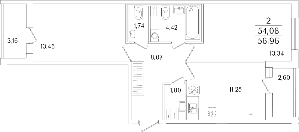 Планировка: 2-комнатная квартира 54,1 м² в ЖК «Кинопарк»